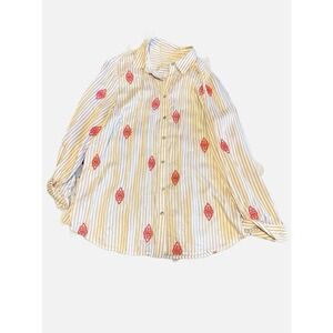 Chico's Tan and Cream Striped Button Down Red Embroidered Medallions 2 = USLarge